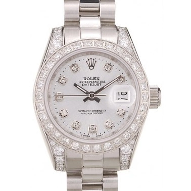 AAA replica watch Diamond Dial Case Steel White Plated Bezel Plated Rolex Diamond DateJust Brushed Stainless 0514